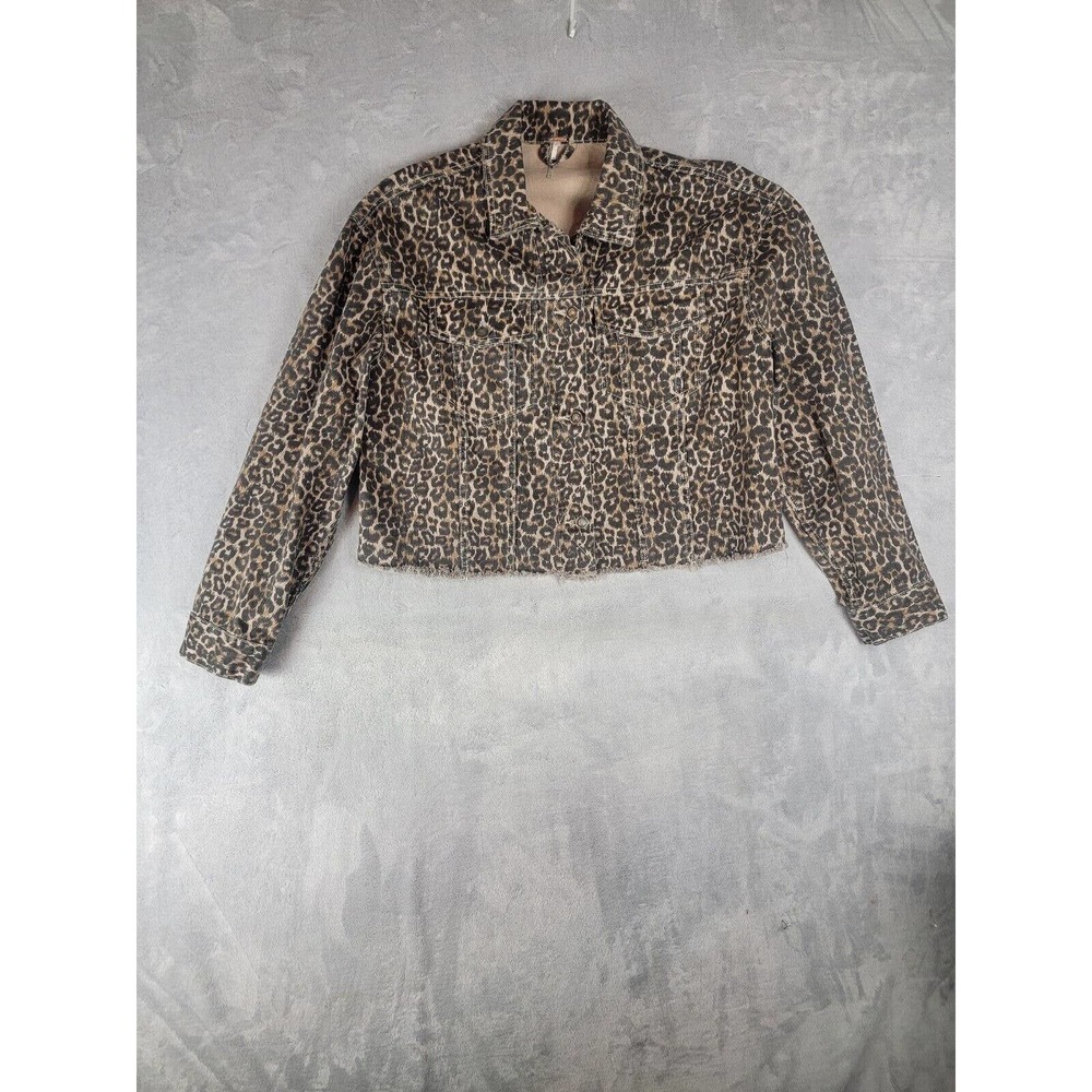 Free People Cropped Cheetah Print Denim Jean Jacket Tan Black Raw Hem Medium